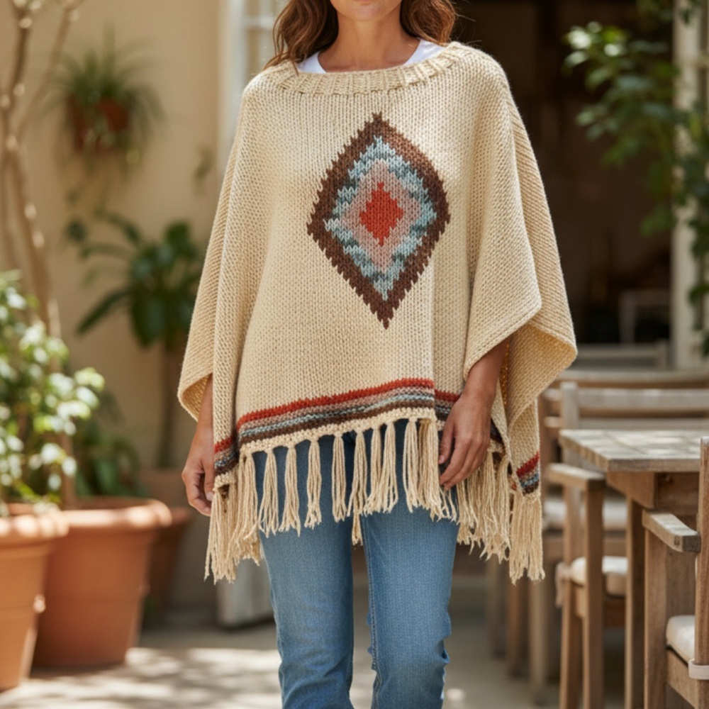 Coco & Carmen Aztec Print Fringe Poncho Sweater One Size